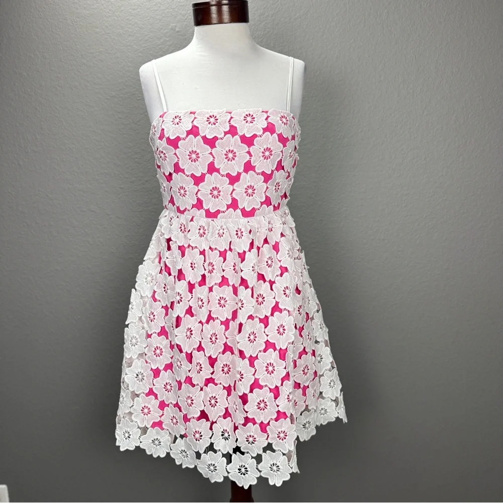 Ultramarine Pink white Crochet Detail Floral Dress Sz S Boho Kentucky Derby - Picture 4 of 10